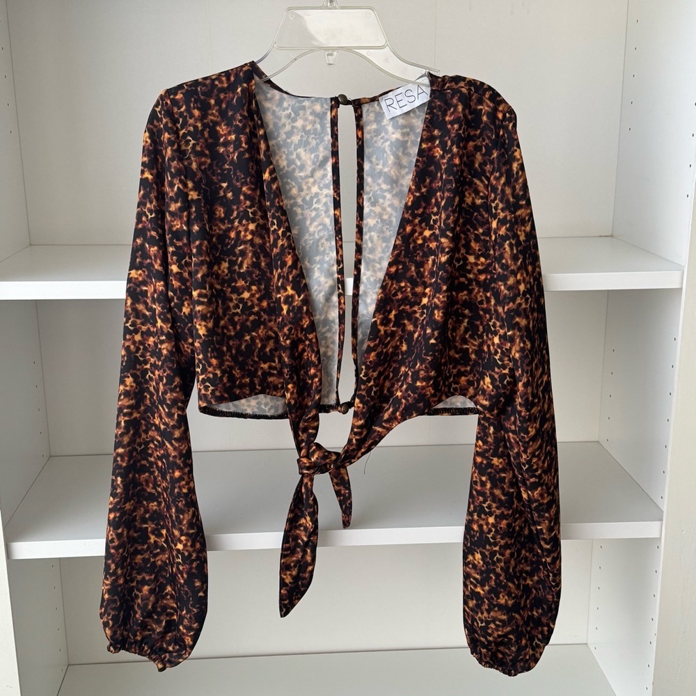RESA Revolve Abstract Leopard Print Long Sleeve Tie Top